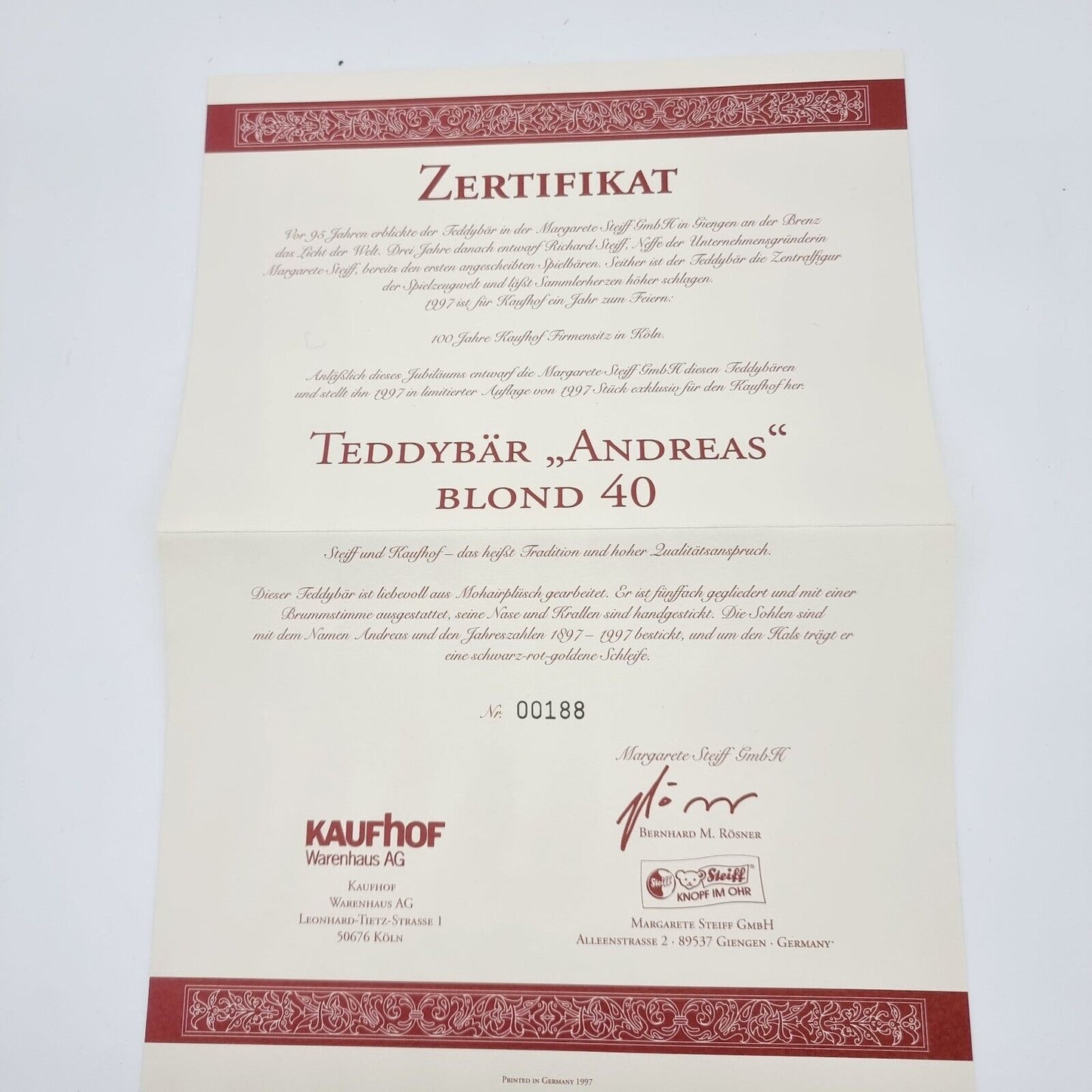 Steiff 655302 Teddybär Andreas blond 40 cm limitiert 1997 Zertifikat