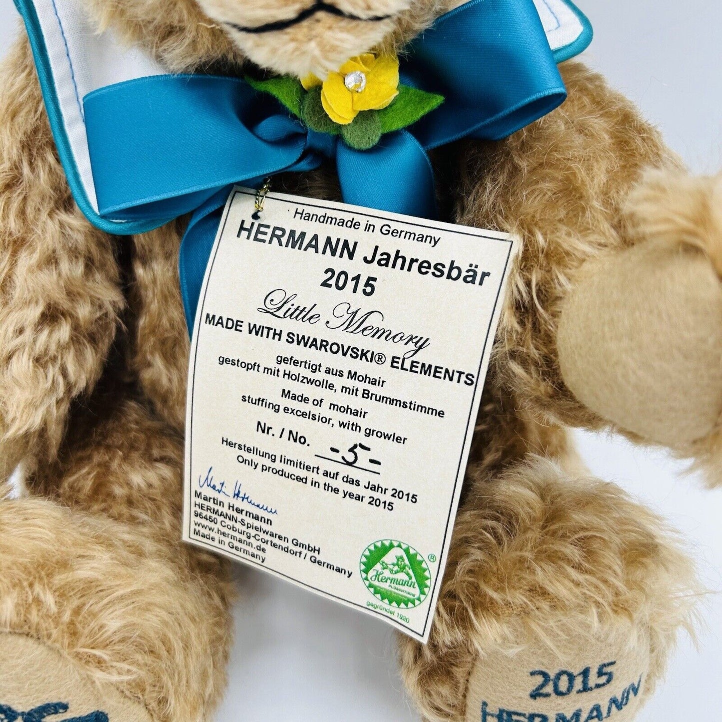 Hermann Coburg Teddybär Jahresbär 2015 Little Memory Zeitlimitierung 2015 36 cm