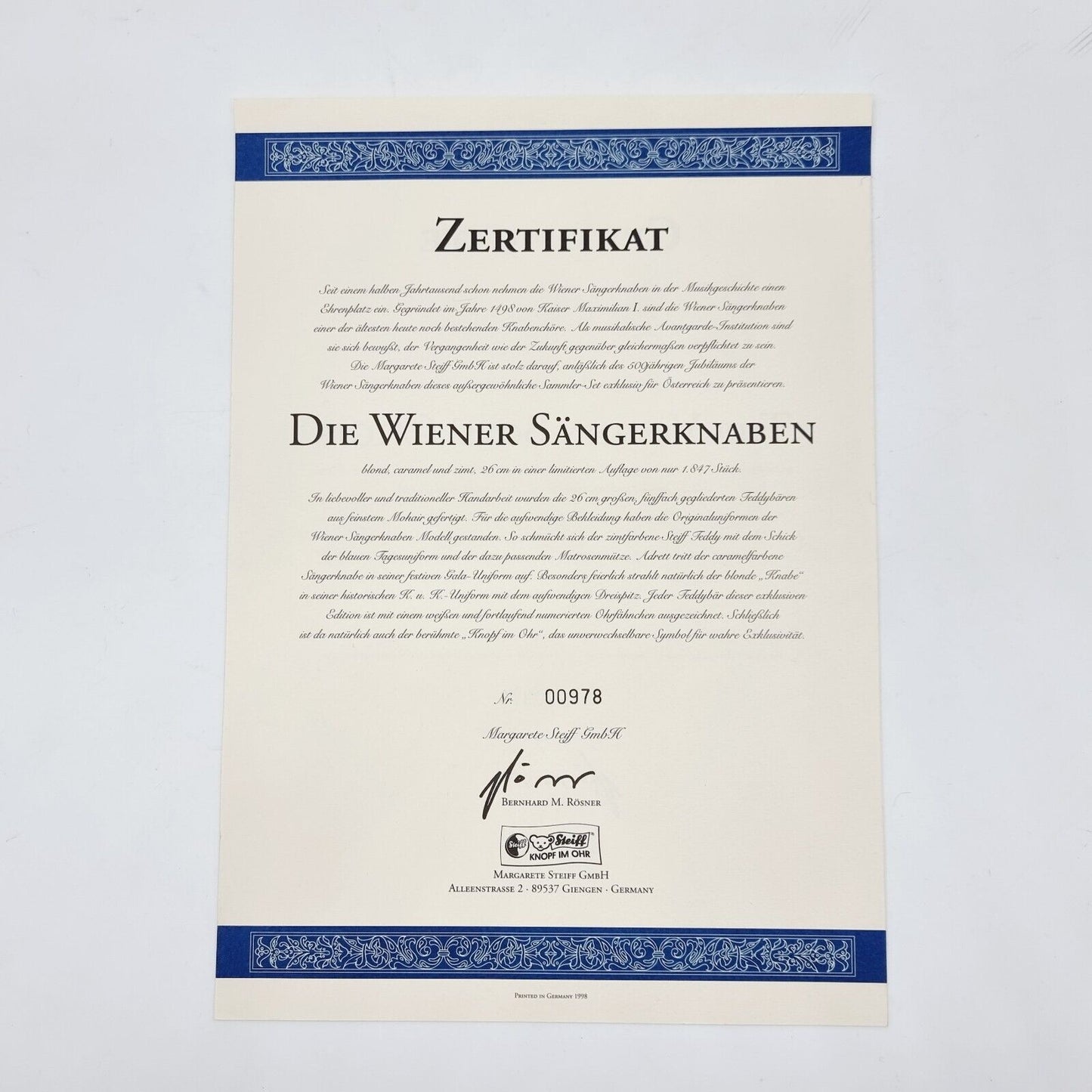 Steiff 659966 Jubiläumsbären Wiener Sängerknaben limitiert 1847 aus 1998