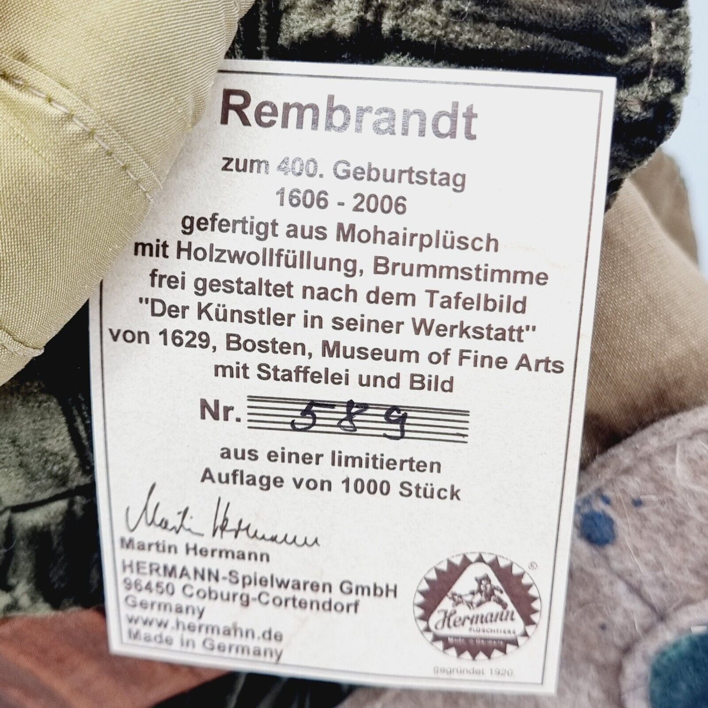 Hermann Rembrandt Teddybär mit Staffelei 39 cm limitiert Mohair 400. Geburtstag