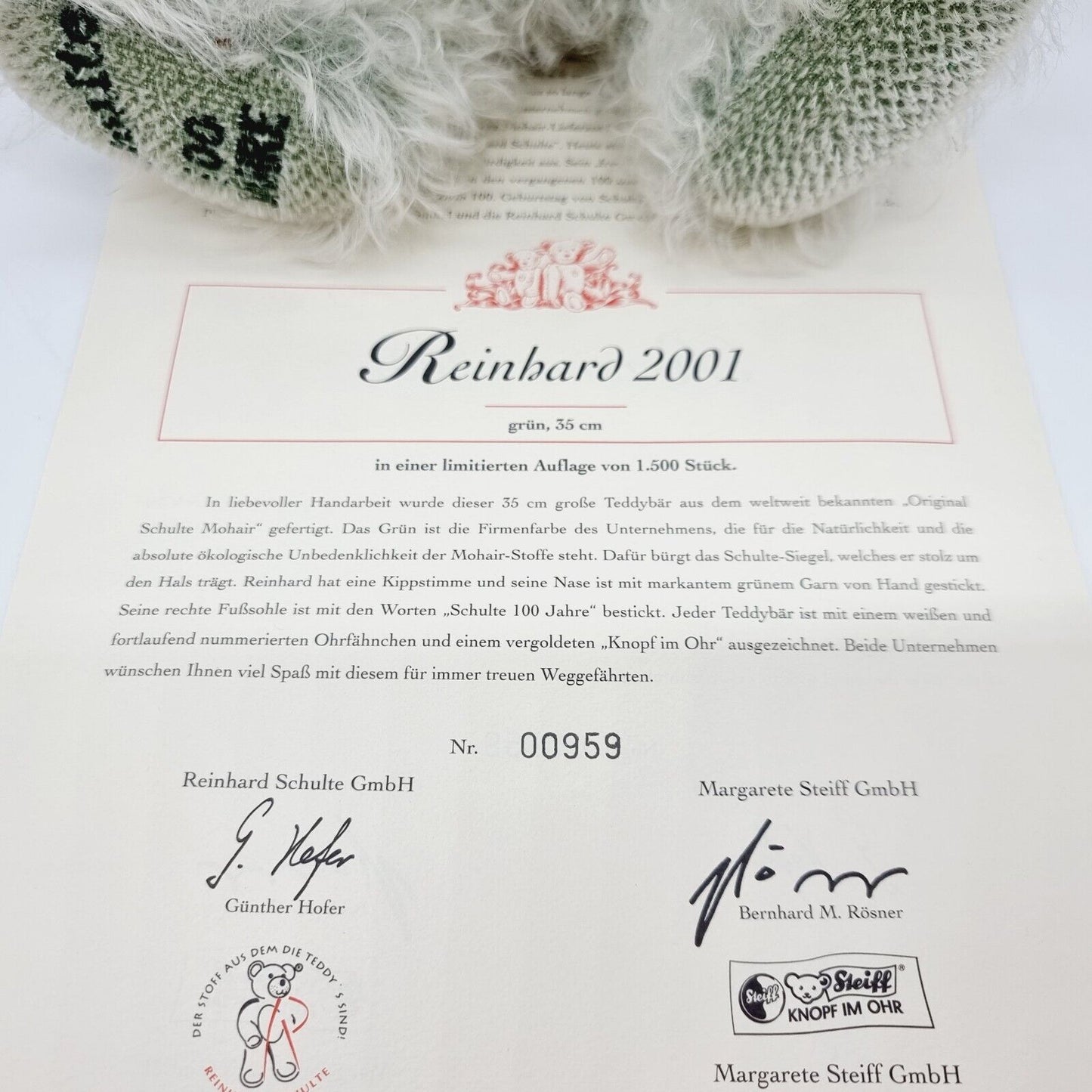 Steiff 995699 Teddybär Reinhard limitiert 1500 aus 2001 für Schulte 35 cm Mohair