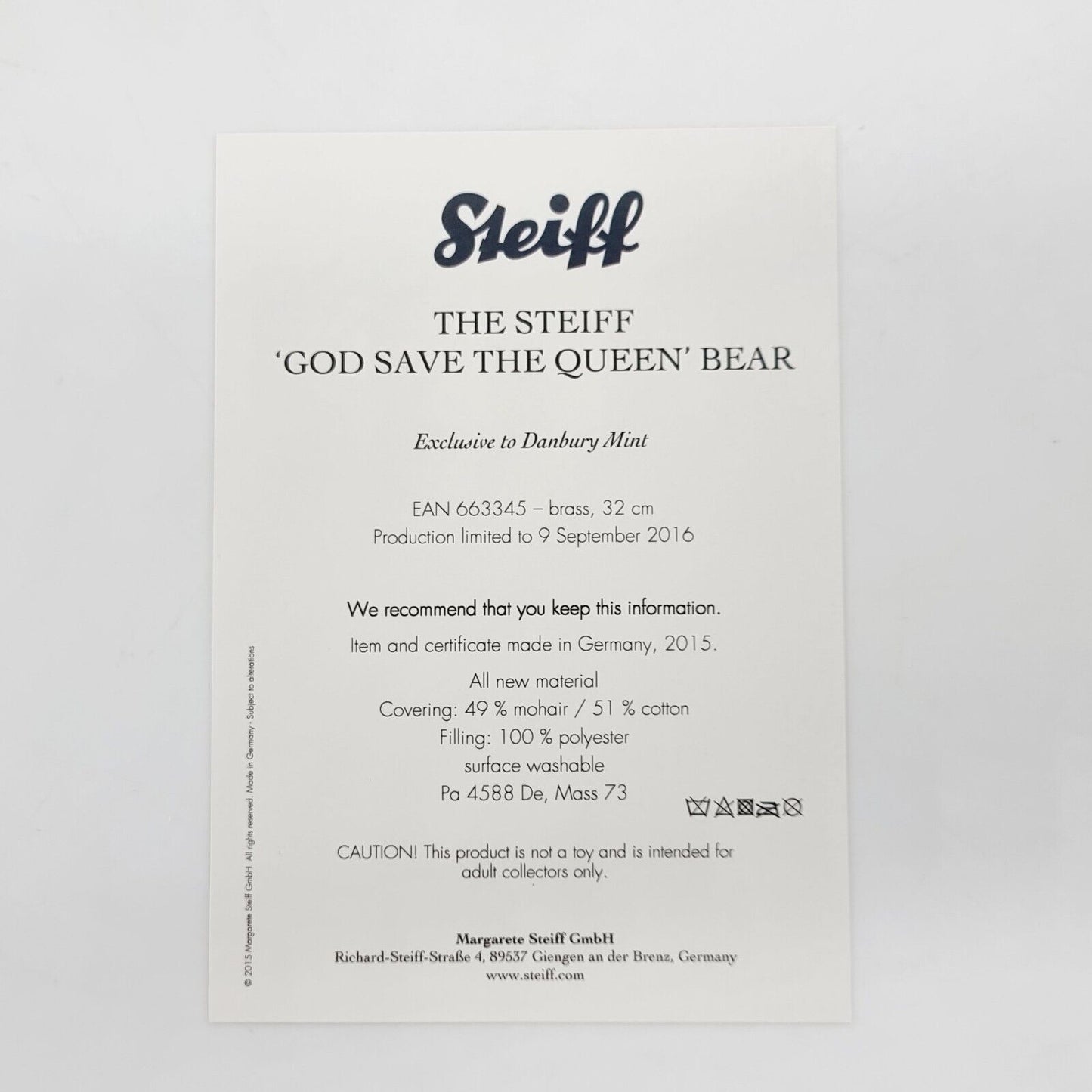 Steiff 663345 God save the Queen Teddybär Zeitlimitierung aus 2015 32 cm Mohair