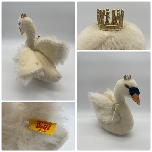 Steiff Schwan König Ludwig 673627, mit Knopf und gelber Fahne aus Überproduktion