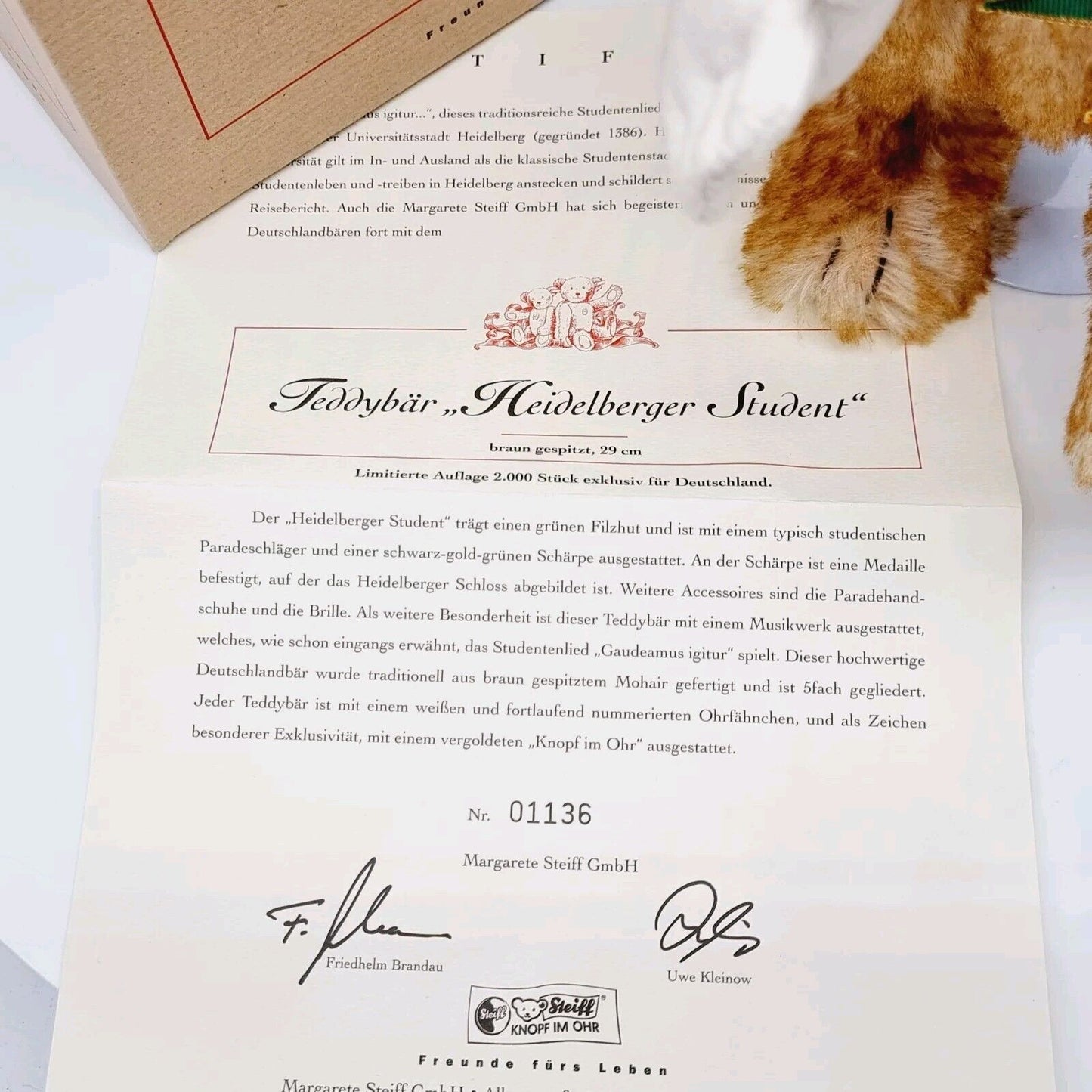 Steiff 671265 Teddybär Heidelberger Student limitiert 2000 aus 2002 Mohair