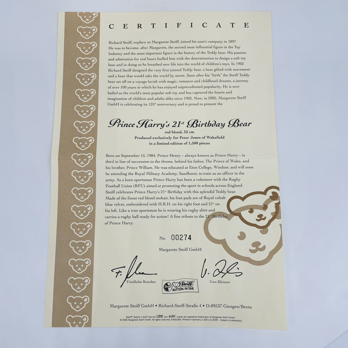Steiff Prince Harry's 21st Birthday Bear 662058 limitiert 1500 für Peter Jones