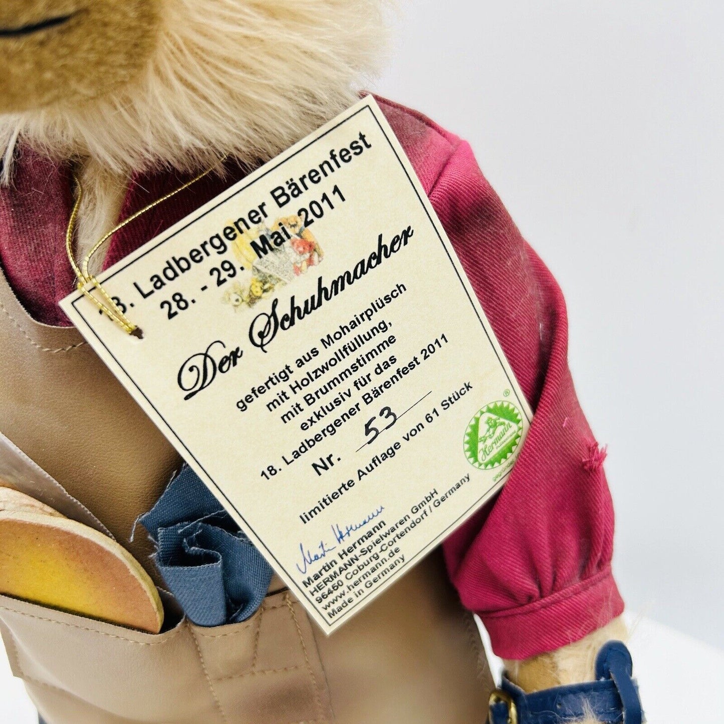 Hermann Coburg Teddybär Schuhmacher limitiert 61 aus 2011 37 cm Mohair