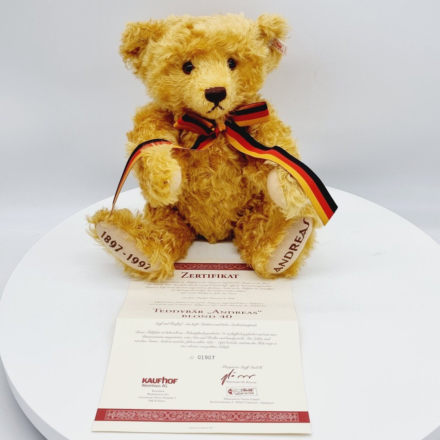 Steiff 655302 Teddybär Andreas blond limitiert 1997 Zertifikat 40 cm