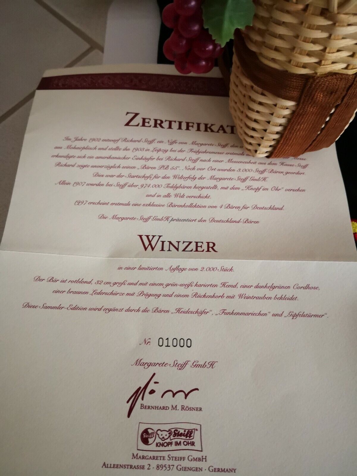 Steiff Teddybär Winzer rotblond, 32 cm, 670091, limitierte Auflage Zertifikat