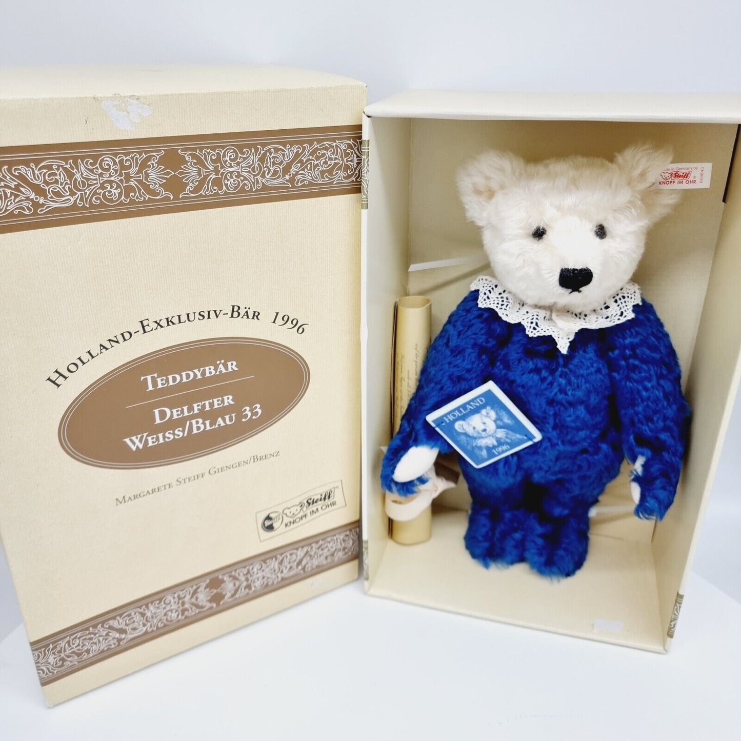 Steiff 659843 Holland Exklusiv Teddybär Delfter 1996 Weiss-Blau 33 cm limitiert