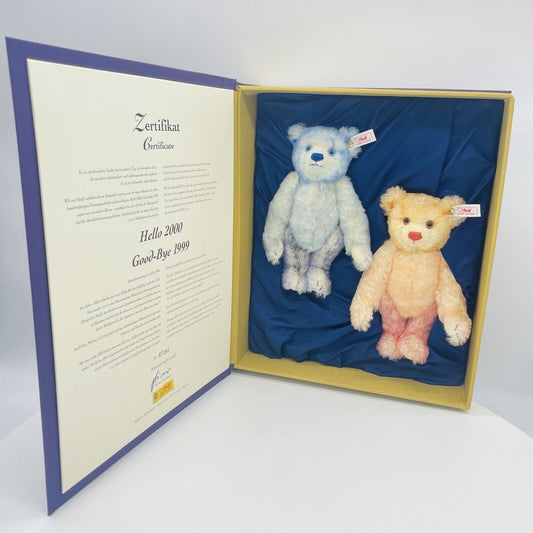 Steiff Teddybären Set Hello 2000 Good-Bye 1999 670367 22cm Mohair
