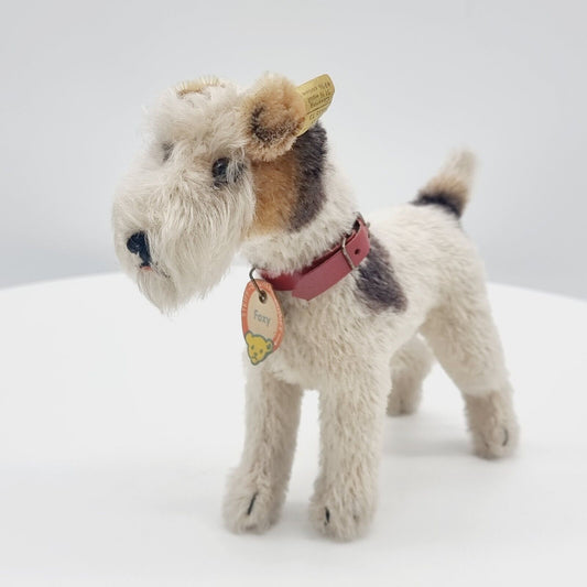 Steiff Foxy 4220/17 Hund 17 cm 1968-1975 Mohair Knopf Fahne Brustschild Stimme
