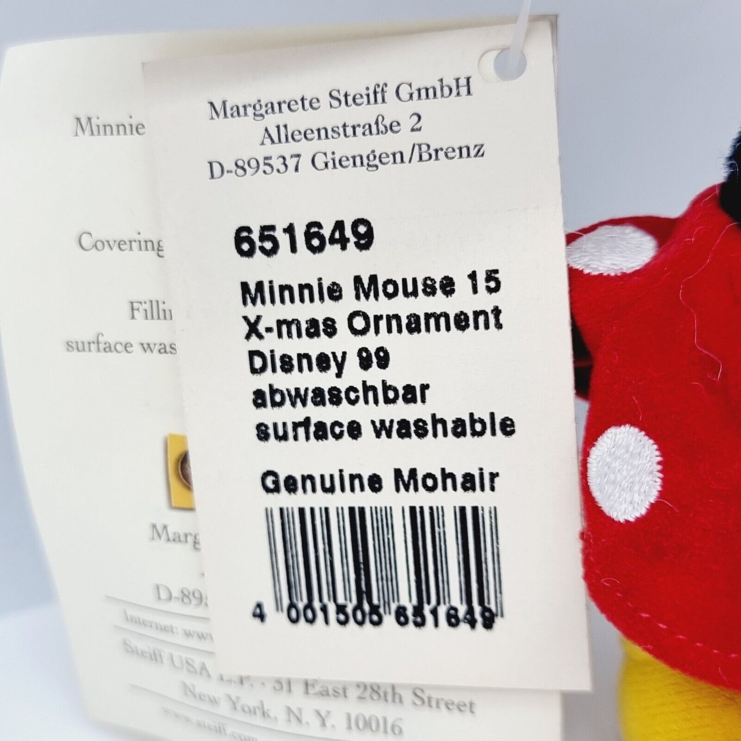 Steiff 651649 Disney Minnie Maus Ornament limitiert 1928 aus 1999 15 cm Mohair