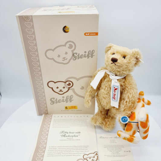 038167 Steiff Teddybär mit Rackerplan 30 cm limitiert aus 2007 blond mit Schal