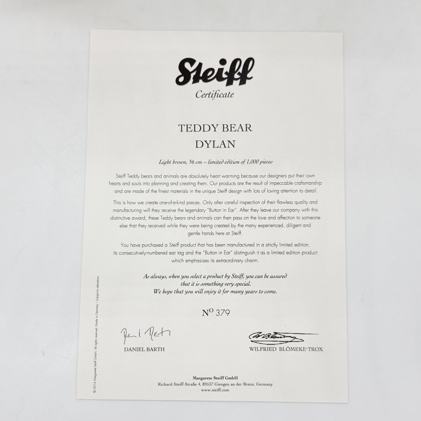 Steiff 034466 Teddybär Dylan limitiert 1000 aus 2014 56 cm Mohair