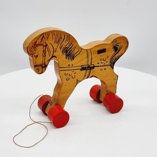 Steiff 8360/22 Holz-Pferd auf Rädern 24 cm 1969- 1974 Buchenholz Nachzieh-Tier