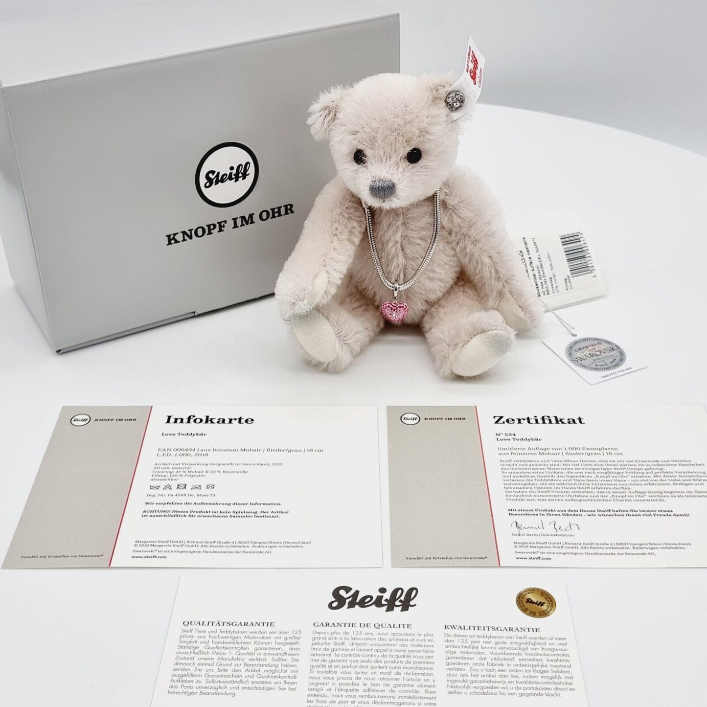 Steiff Swarovski 006494 Teddybär Love limitiert 1000 aus 2018 18 cm Mohair