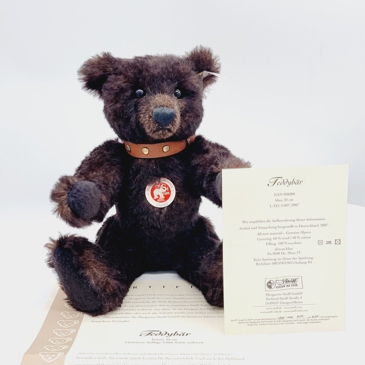 Steiff 038266 Teddybär mit Halsband braun limitiert 2006 32 cm Mohair