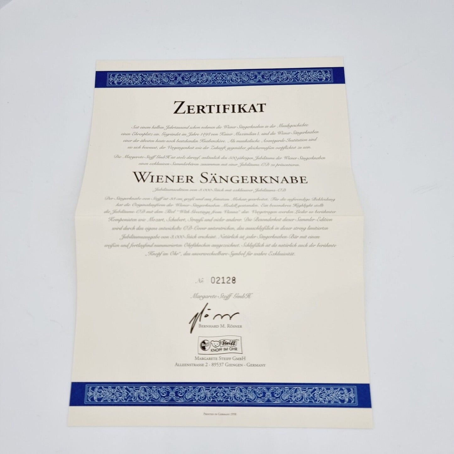 Steiff Teddybär Wiener Sängerknabe 996634 limitiert 3000 aus 1998