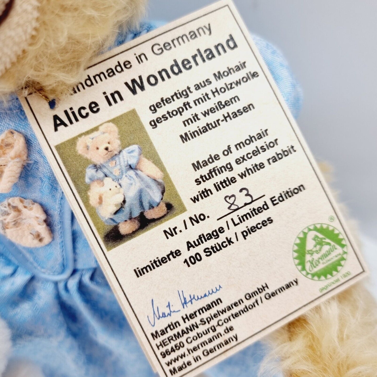 Hermann Alice in Wonderland Teddybär Hermann Coburg limitiert 100 Stück