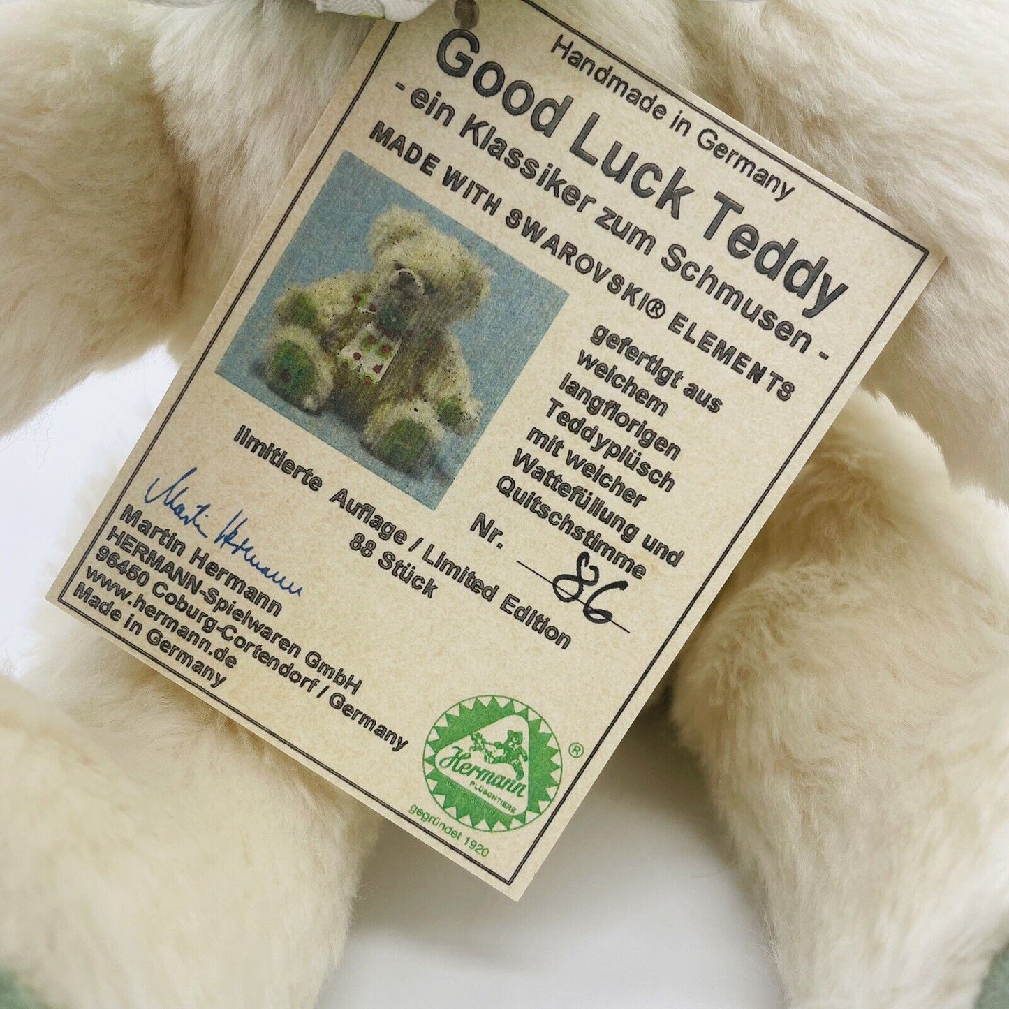 Hermann Coburg Teddybär Good Luck Teddy "Viel Glück" limitiert 88 32cm