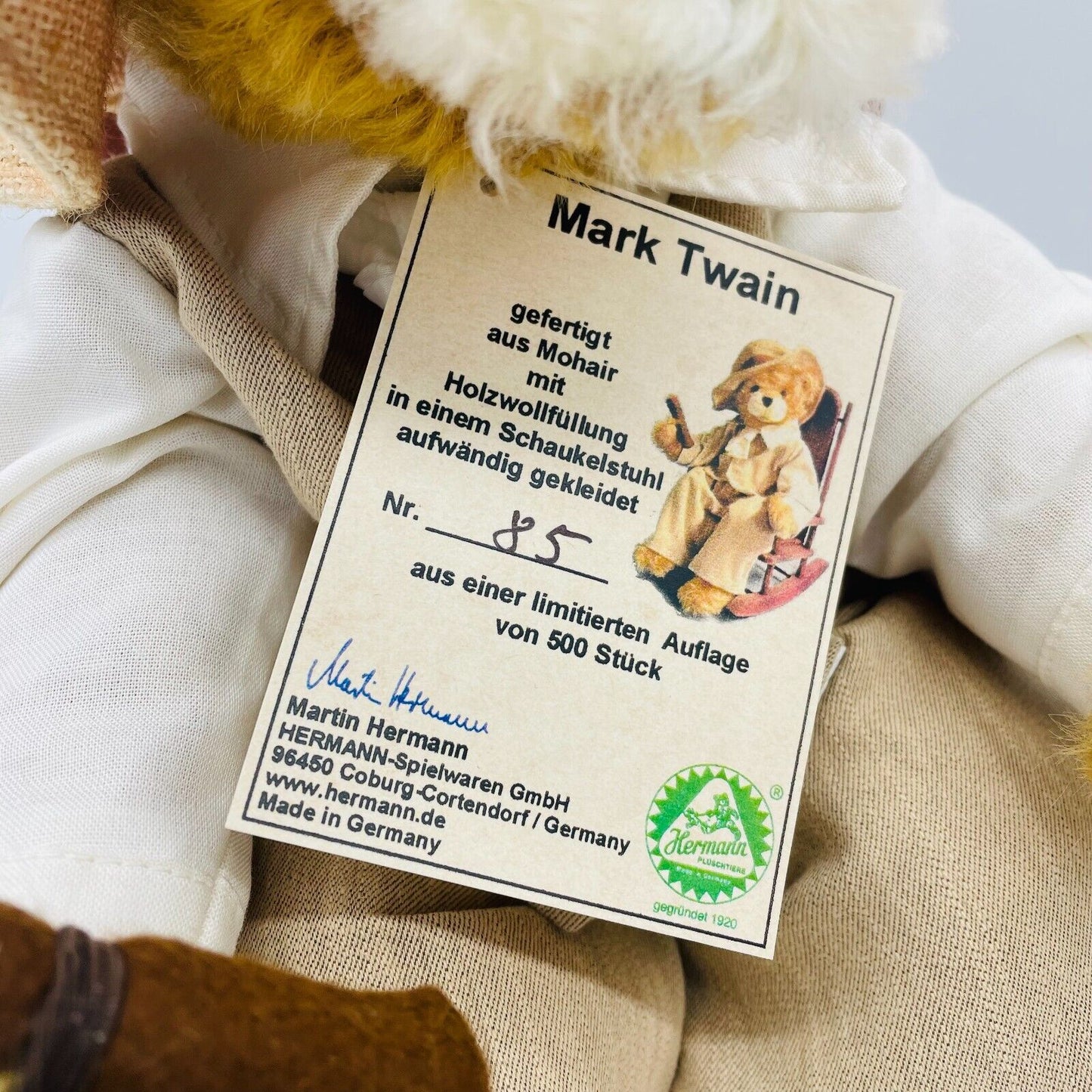 Hermann Coburg Teddybären Huckleberry Finn, Tom Sawyer und Mark Twain limitiert