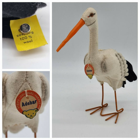 Steiff Storch Adebar 1961 - 1967 Tier Filz 17 cm 1017,00 Knopf Fahne Schild KFS