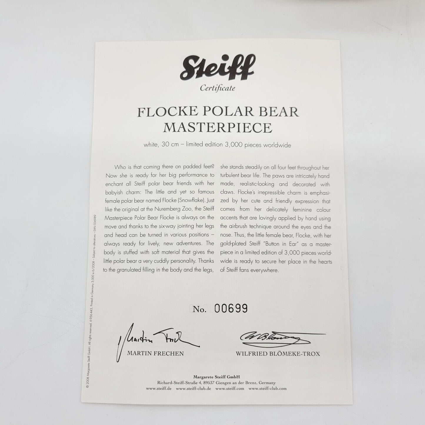 Steiff 036989 Masterpiece Eisbär Flocke limitiert 3000 Alpaca 30 cm