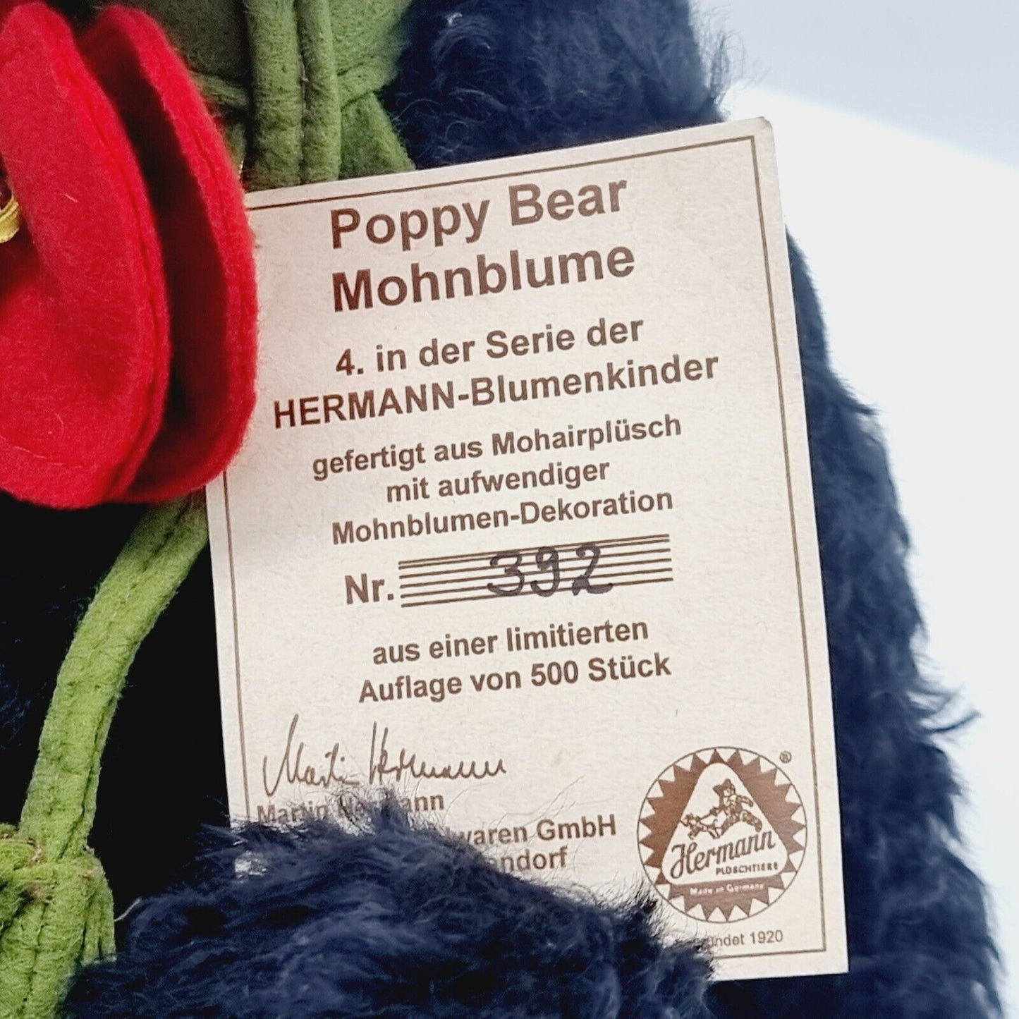 Hermann Coburg Teddybär Poppy Bear Mohnblume limitiert 500 35 cm Mohair