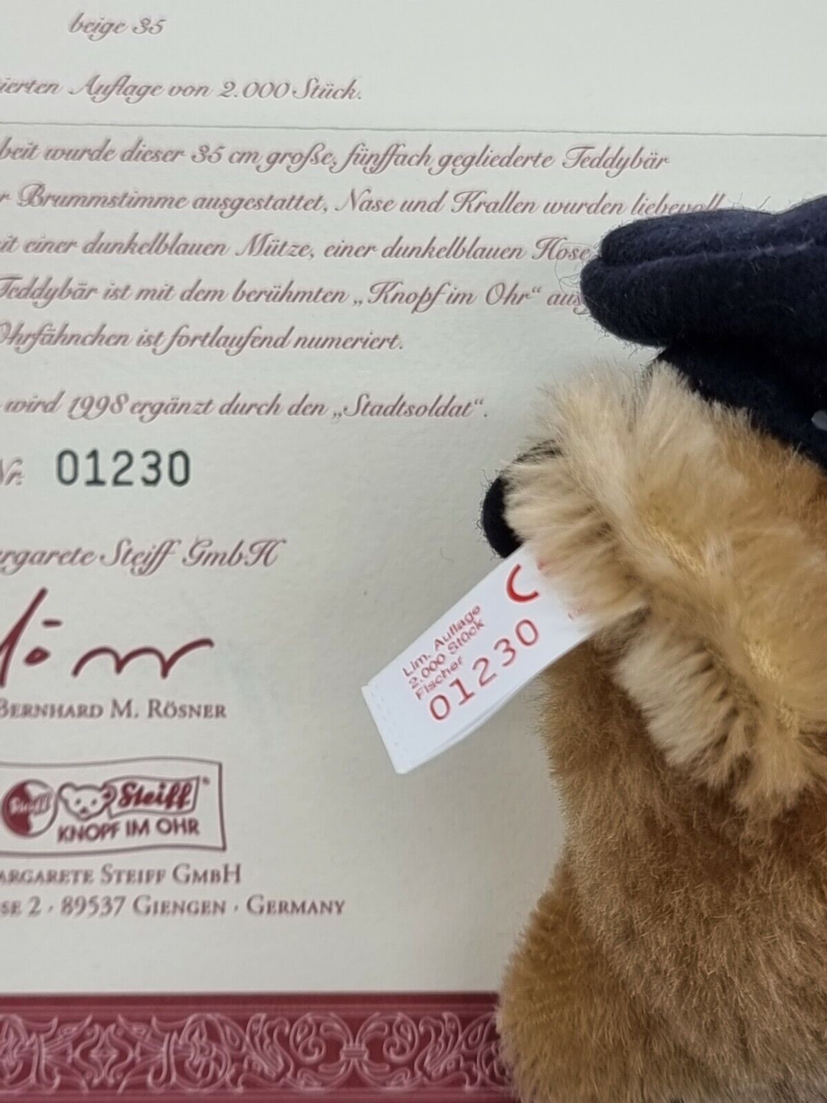 Steiff Teddybär Fischer 35 cm 1998 Zertifikat 670114 limitiert Brummstimme OVP