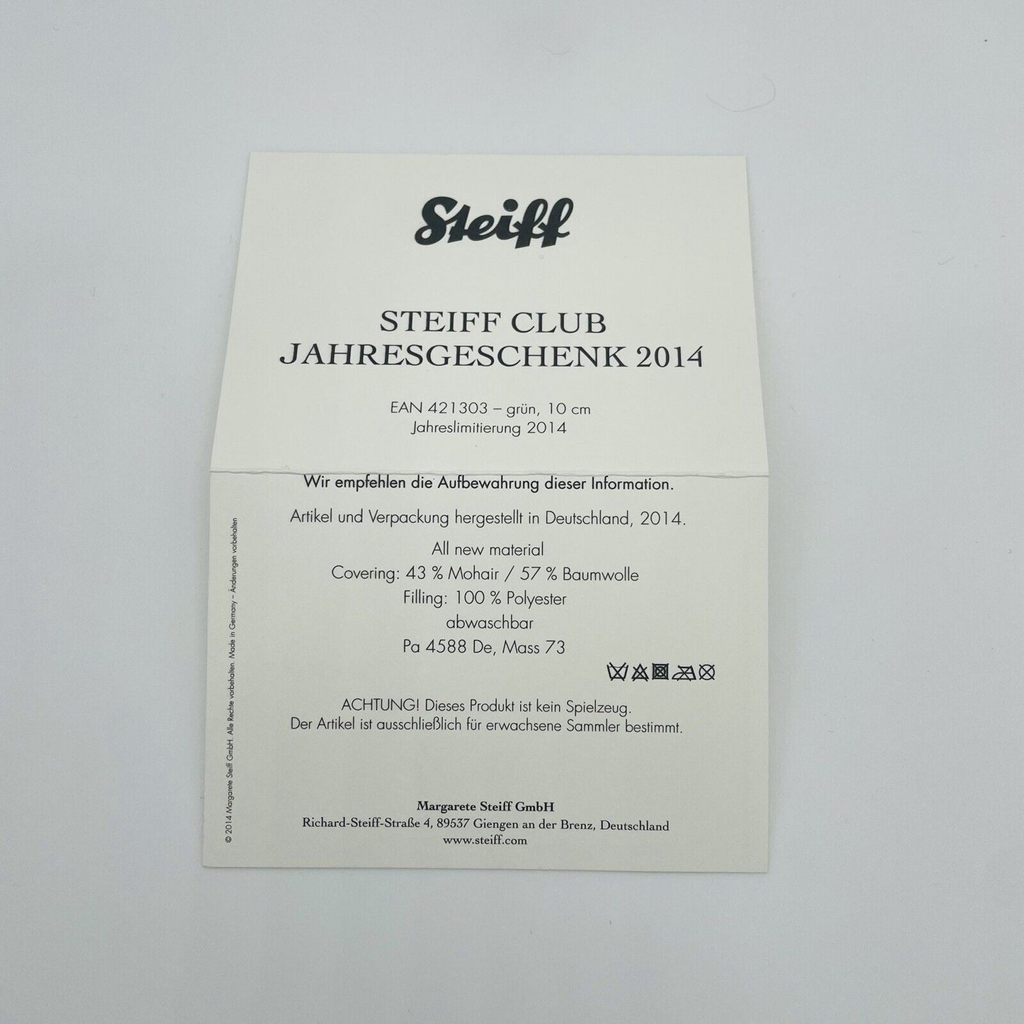 Steiff Club Teddybär Jahresgeschenk 2014 421303 grün Mohair 10cm