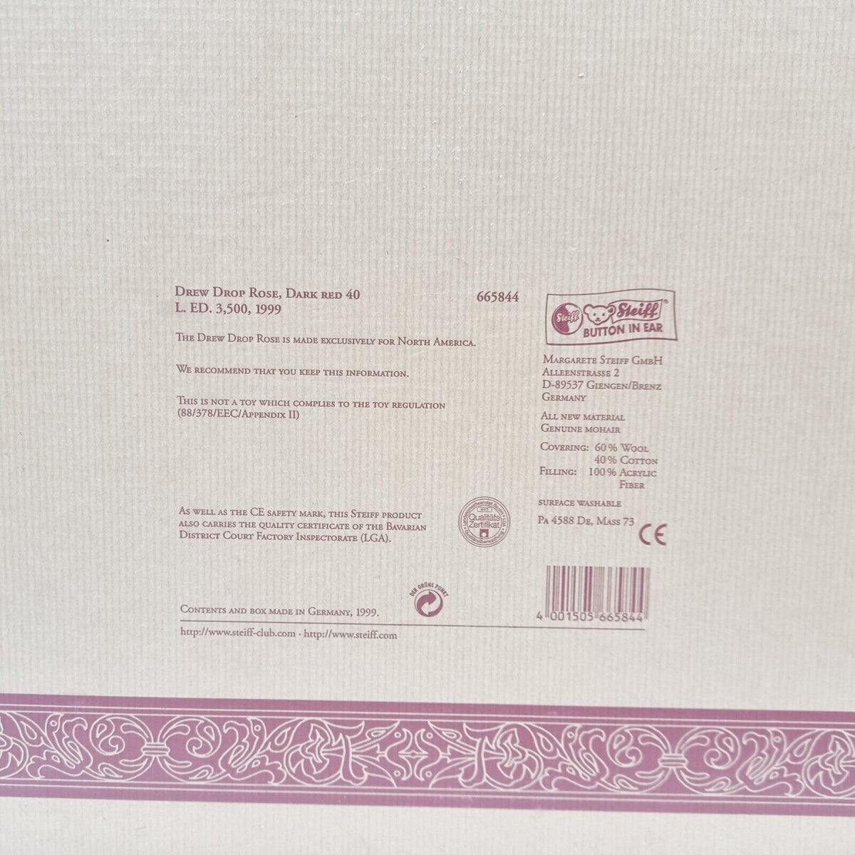 Steiff Teddybär Drew Drop Rose 665844 limitiert 3500 Jahr 1999 North America
