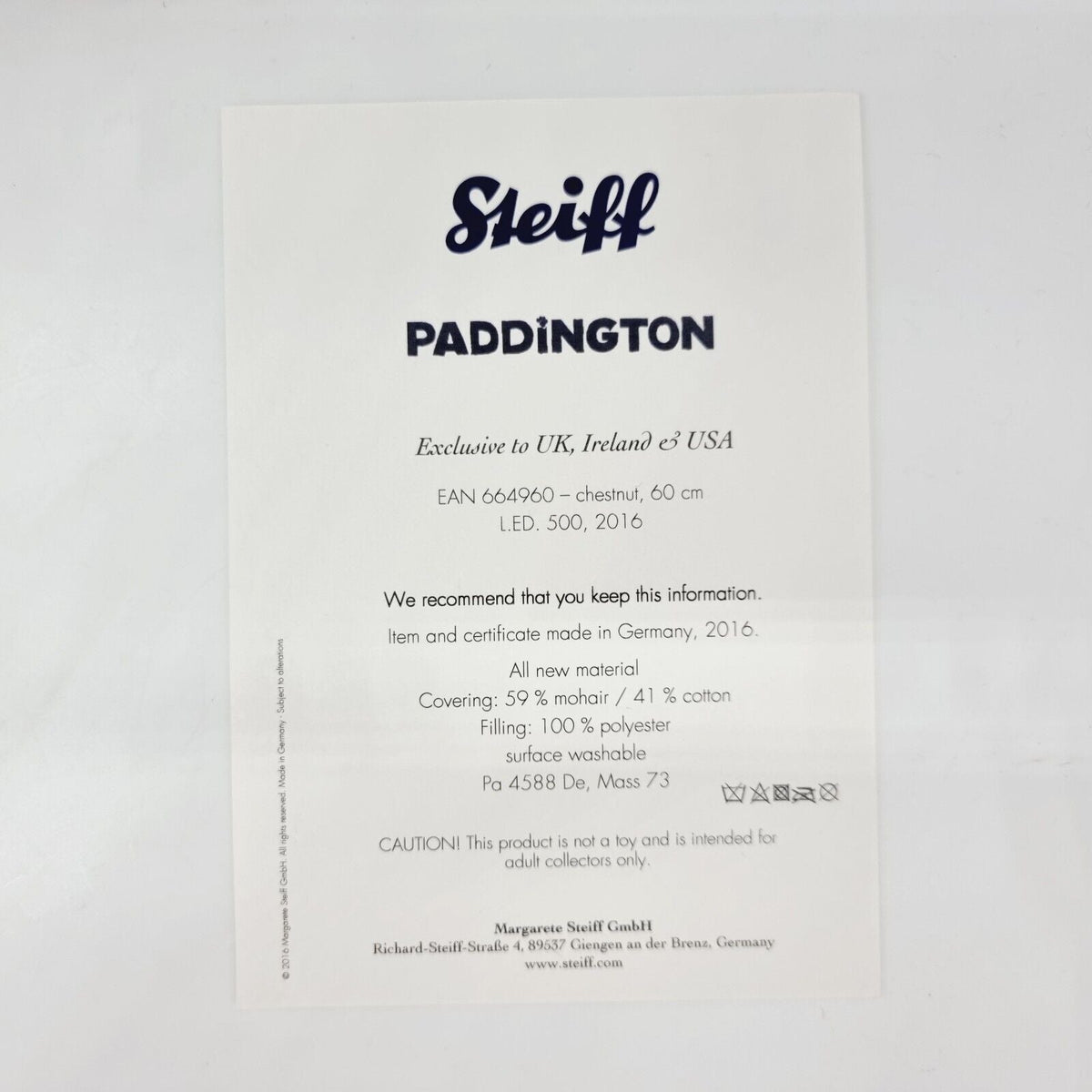 Steiff 664960 Paddington Teddybär 60 cm limitiert 500 Jahr 2016 Exklusivedition
