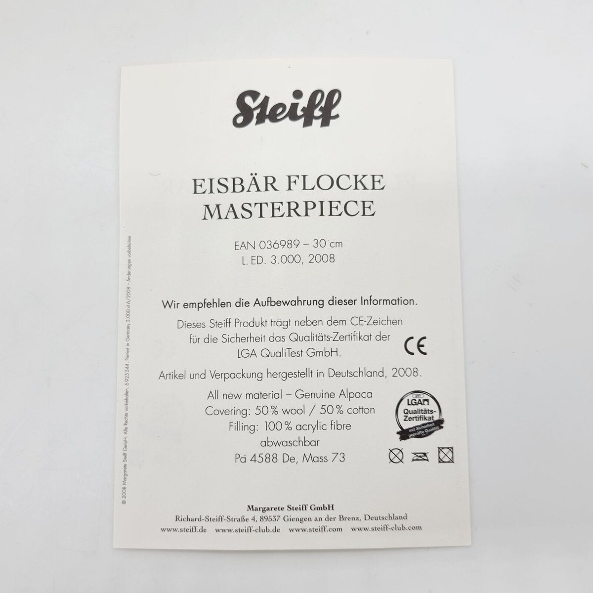 Steiff 036989 Masterpiece Eisbär Flocke limitiert 3000 Alpaca 30 cm