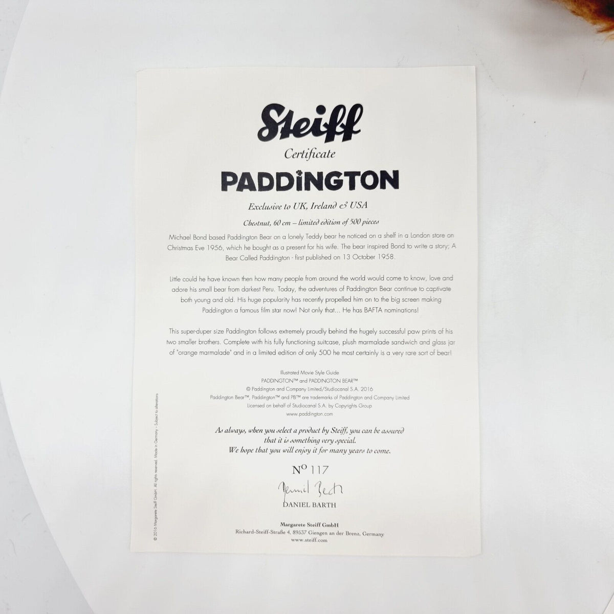 Steiff 664960 Paddington Teddybär 60 cm limitiert 500 Jahr 2016 Exklusivedition