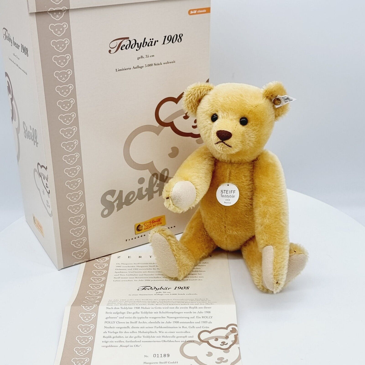 Steiff 406751 Teddybär 1908 Replica gelb limitiert 3000 35 cm Mohair