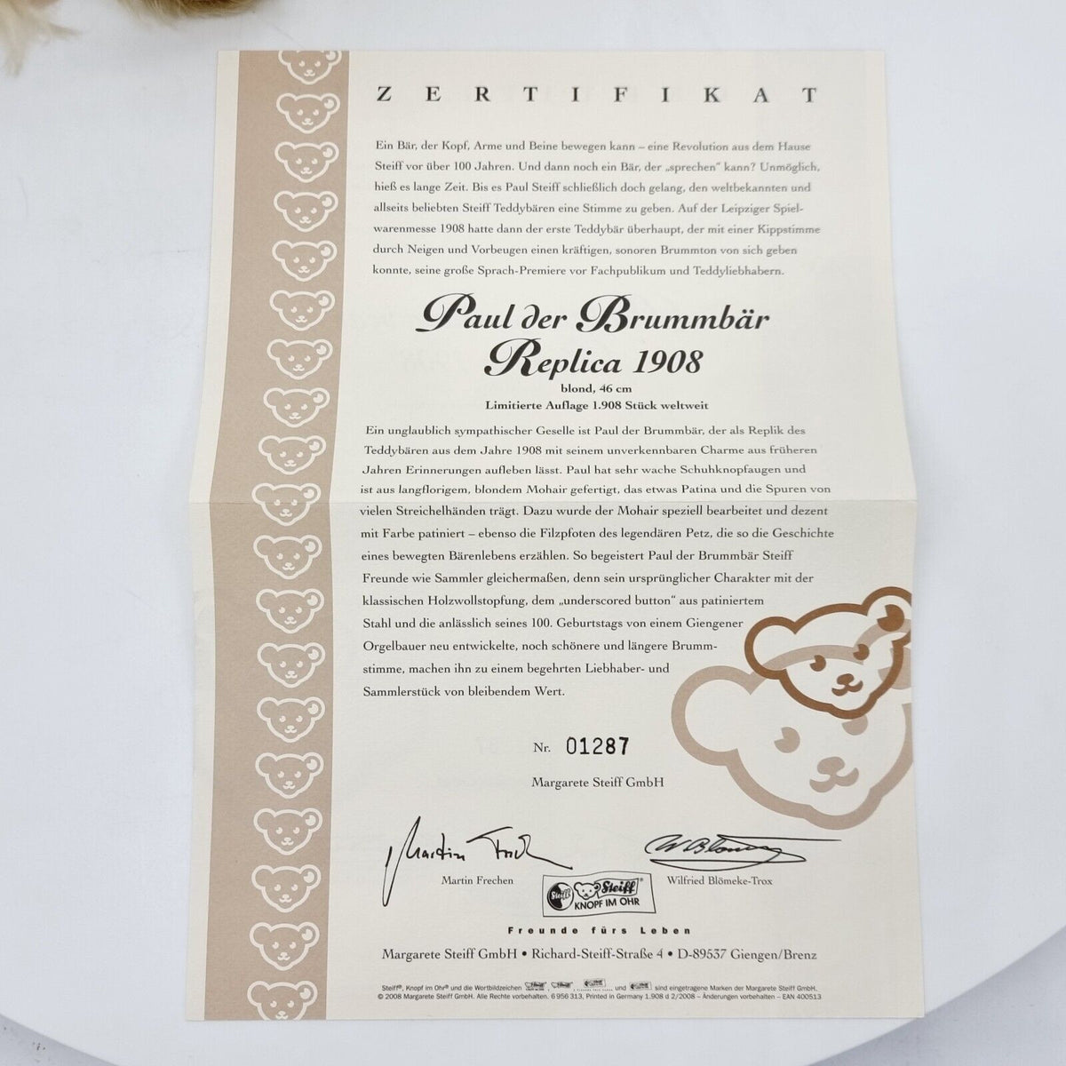 Steiff 400513 Teddybär Paul der Brummbär Replica 1908 blond 46 cm limitiert 1908