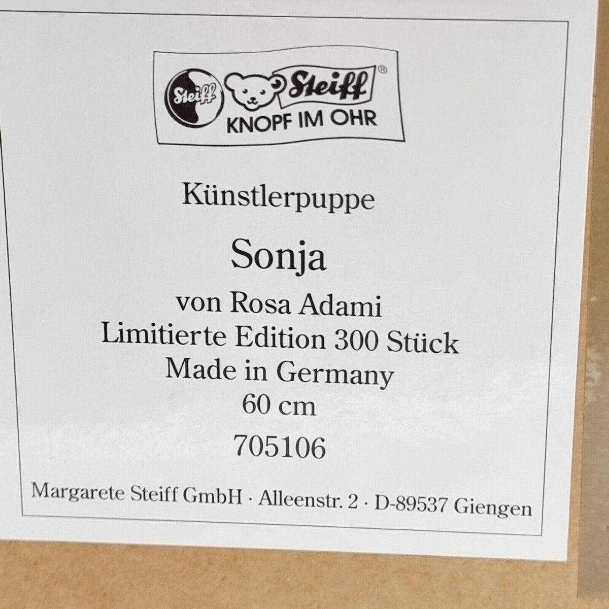 Steiff Rasa Adami Puppe Sonja 60 cm 705106 limitiert 300 Exemplare