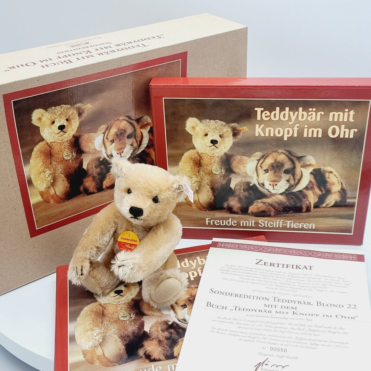 Steiff 670176 Teddybär blond mit Buch "Teddybär mit Knopf im Ohr limitiert 1000