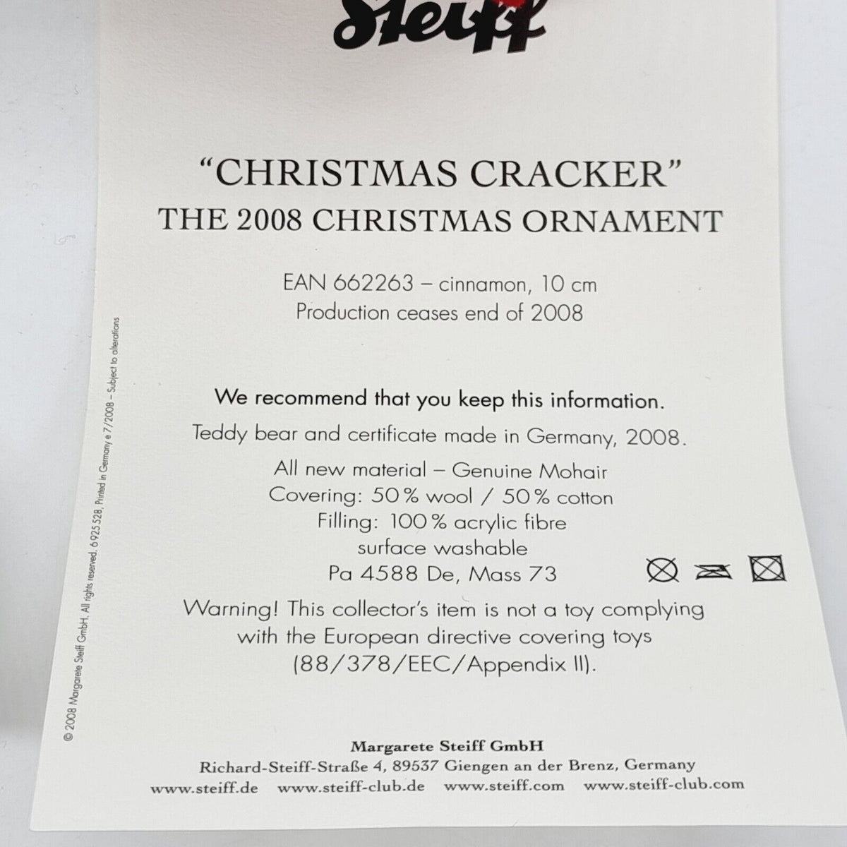 Steiff 662263 Christmas Cracker 2008 Teddybär Ornament 10 cm