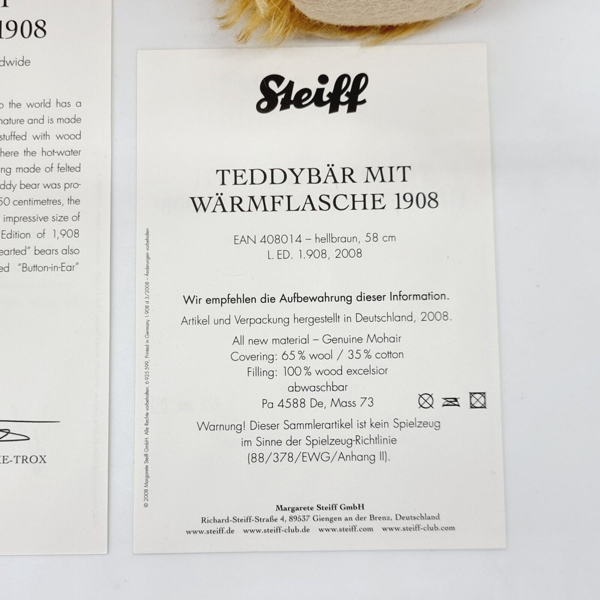 Steiff 408014 Teddybär mit Wärmflasche 1908 Replica limitiert 1908 58 cm Mohair