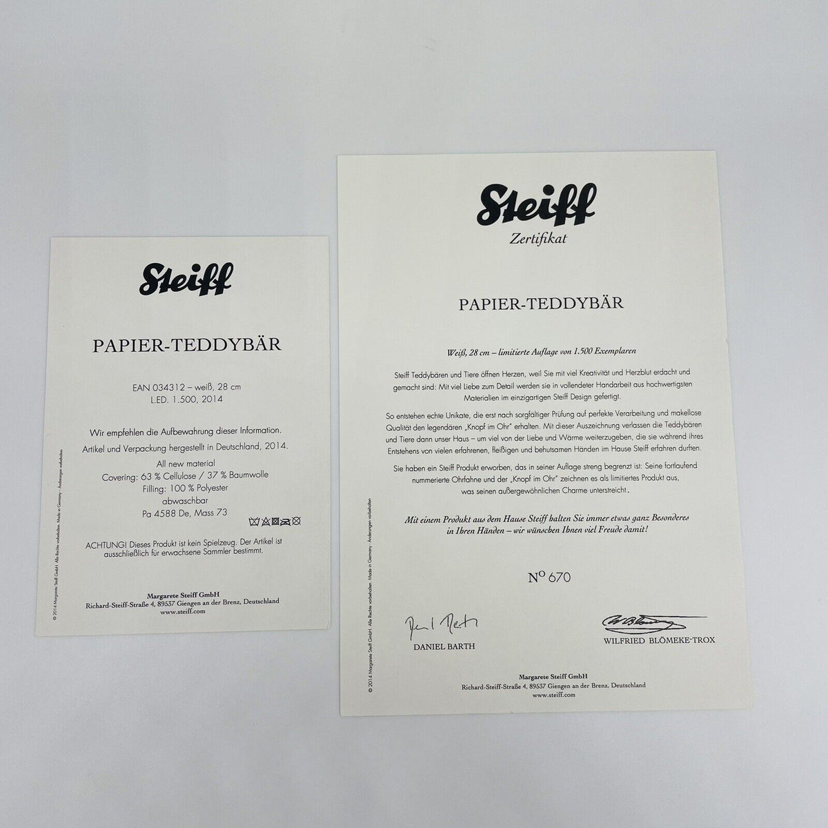Steiff Papierteddybär 034312 limitiert 1500 aus 2014 28cm Papierplüsch