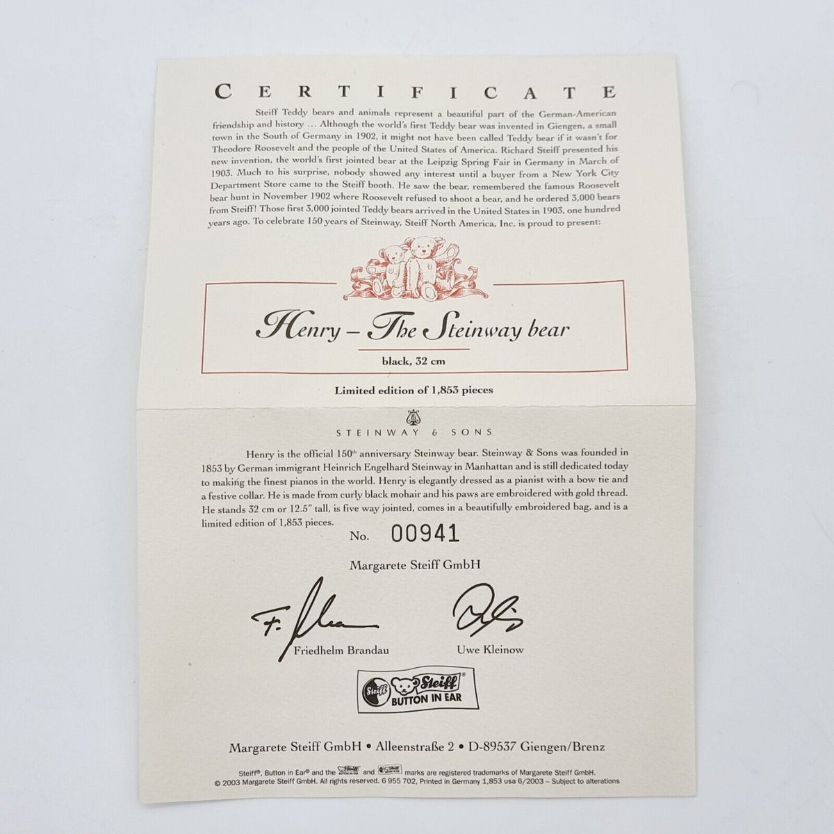 Steiff 667060 Teddybär Henry für Steinway and Sons limitiert 1853 aus 2003
