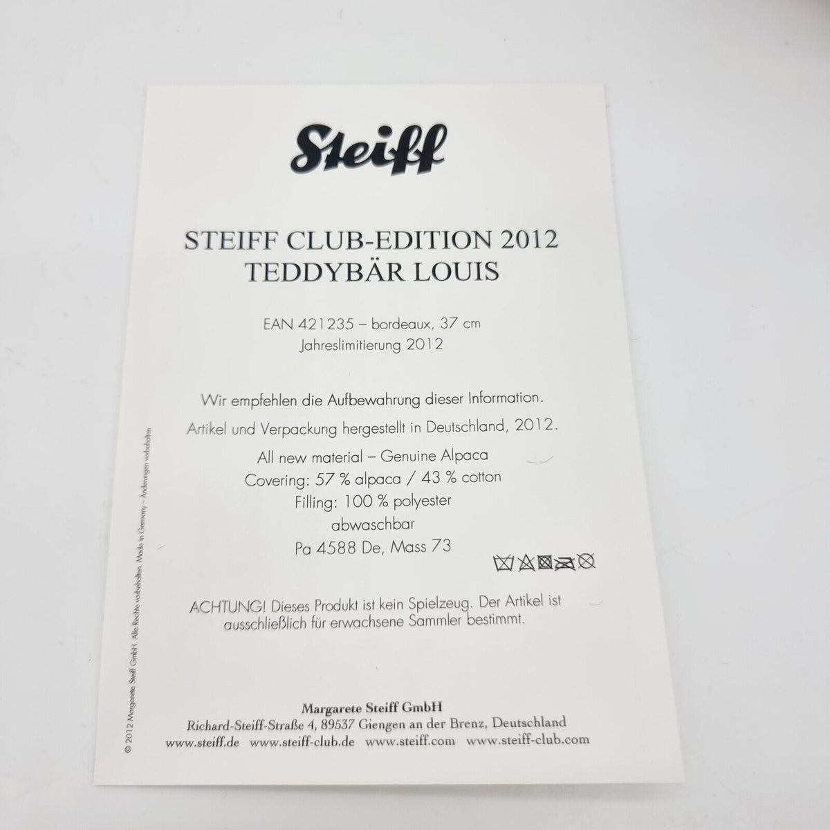 Steiff 421235 Club Teddybär Louise limitiert 2012 aus 2012 37 cm Alpaca