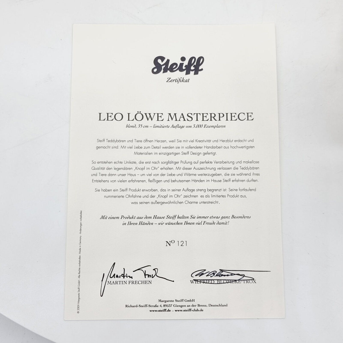 Steiff 036552 Leo Löwe Masterpiece blond 35 cm 2009 limitiert 3000 Exemplare
