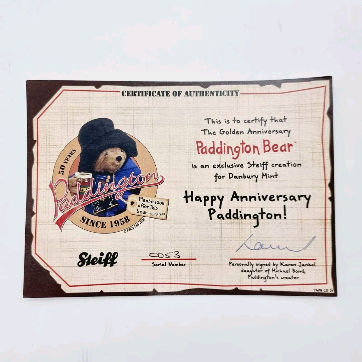 Steiff 662010 Paddington 50th Anniversay Teddybär 25 cm limitiert Jahr 2008