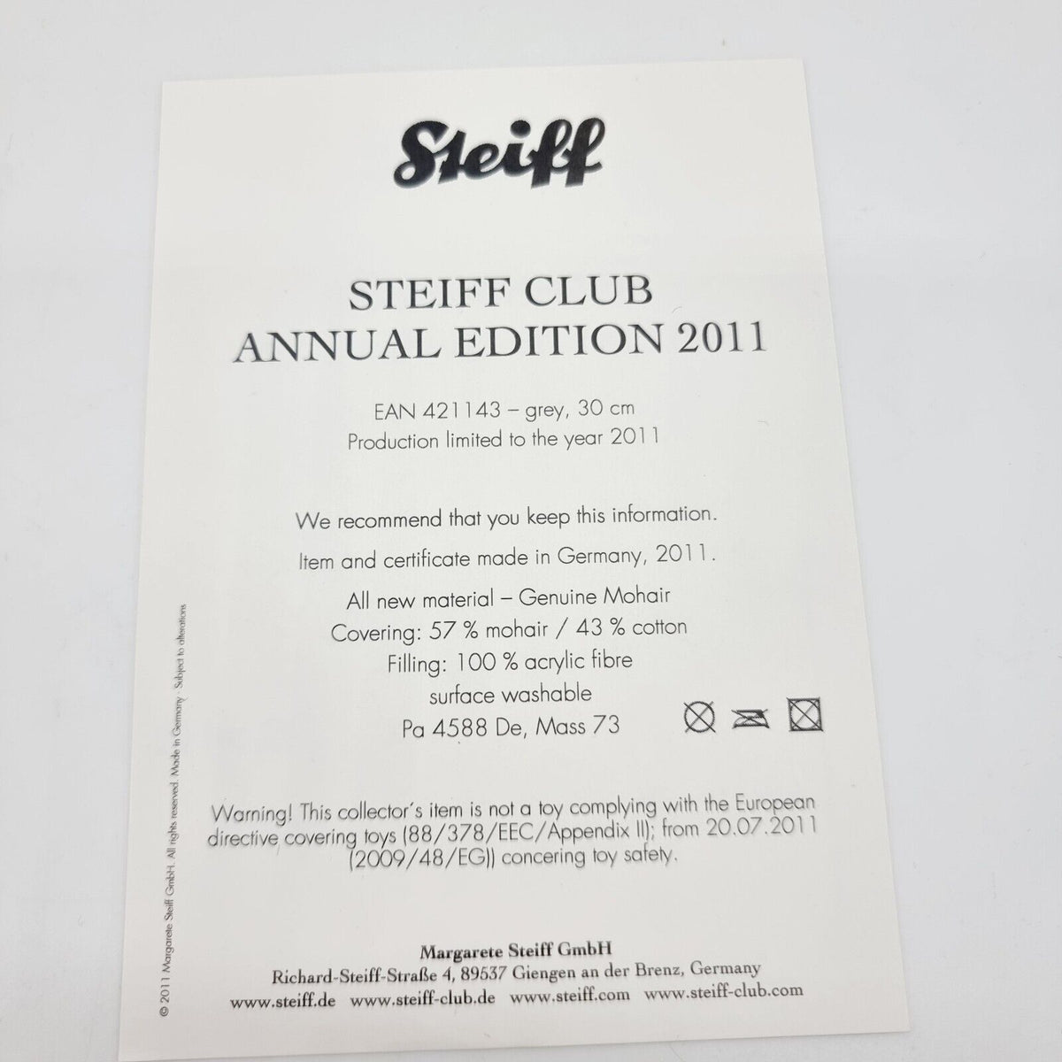 Steiff 421143 Club Teddybär Jahresedition 2011 limitiert 2011 30cm Mohair