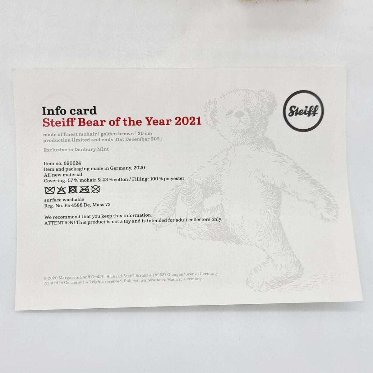 Steiff Danbury Mint 690624 Teddybär Year Bear 2021 limitiert 2021 30 cm Mohair