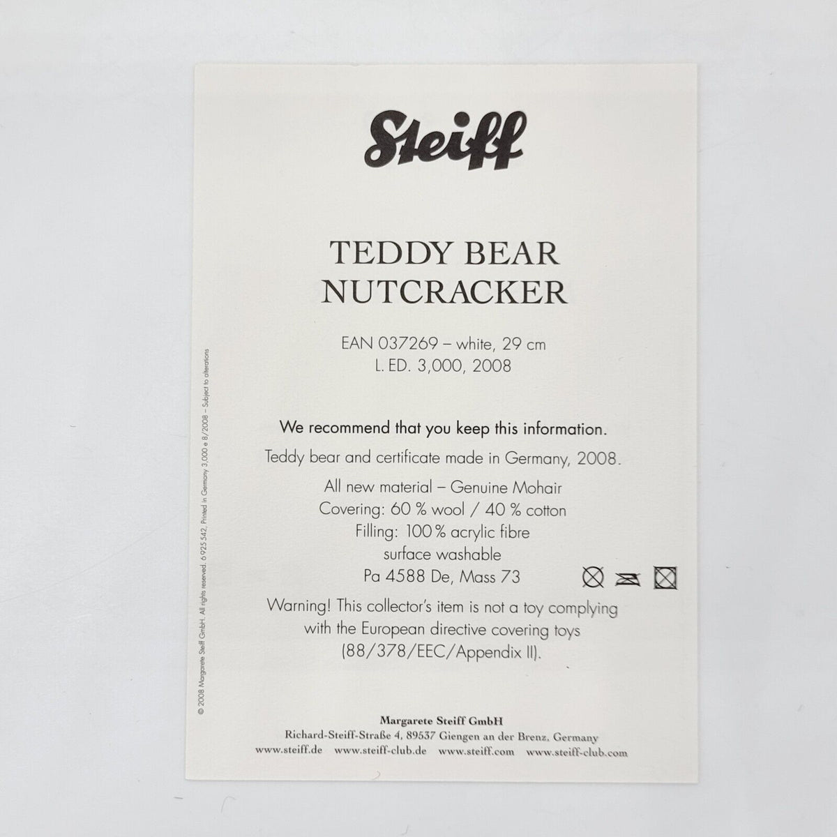 Nr. 74! Steiff 037269 Teddybär Nussknacker limitiert 3000 aus 2008