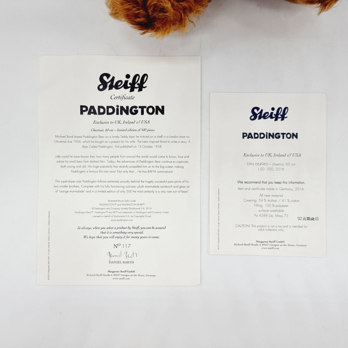 Steiff 664960 Paddington Teddybär 60 cm limitiert 500 Jahr 2016 Exklusivedition