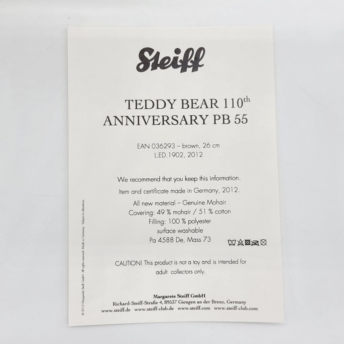 Steiff 036293 Teddybär 110th Anniversary PB 55 limitiert 1902 aus 2012 26 cm